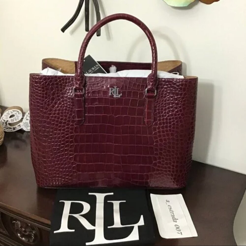 Polo Ralph Lauren Embossed Leather Marcy Dark Raspberry Purse Bag Large